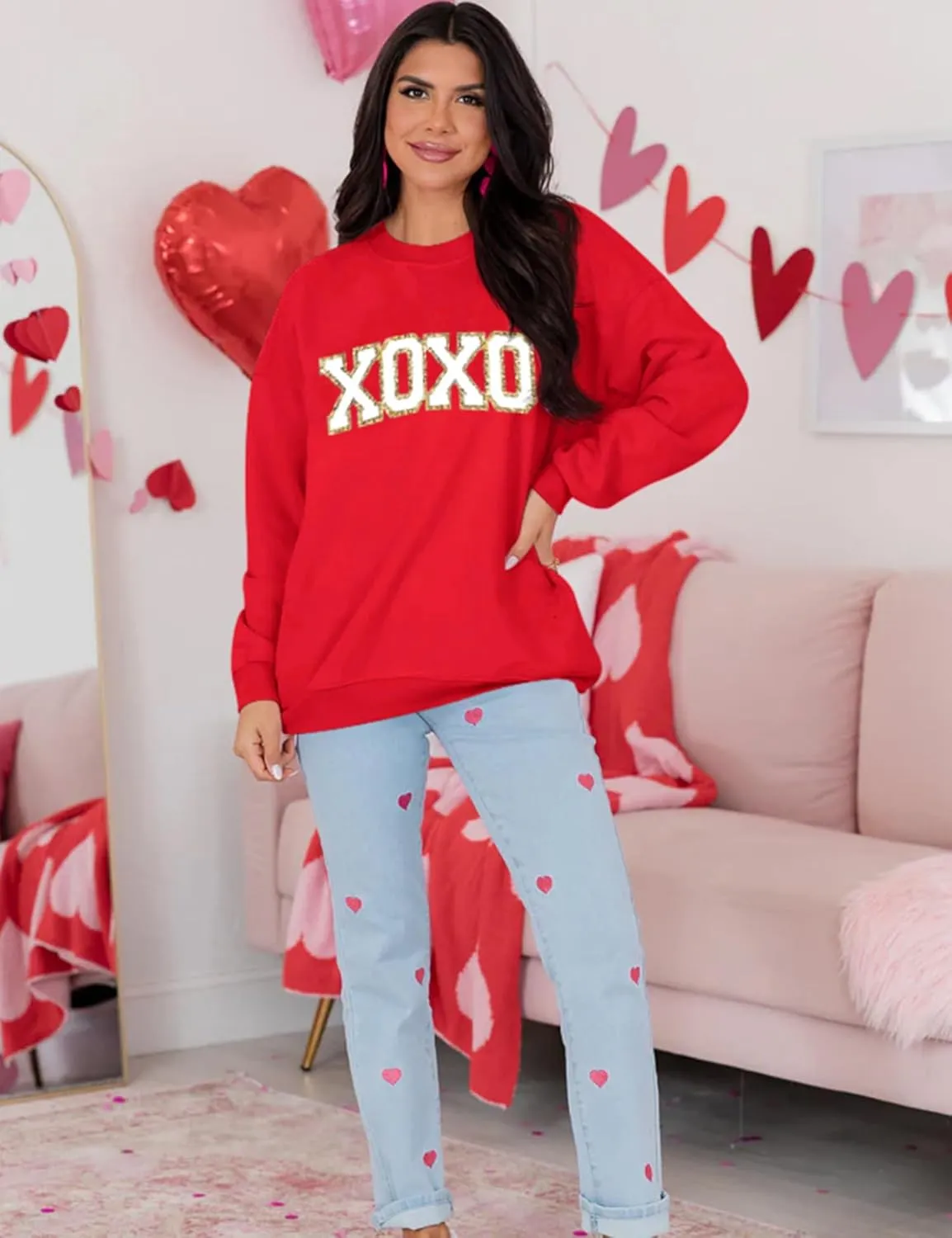 LETSEE Womens Valentine Crewneck Sweatshirt Letter Chenille Patch Long Sleeve Pullover Tops Oversized Clothes