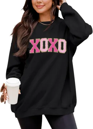 LETSEE Womens Valentine Crewneck Sweatshirt Letter Chenille Patch Long Sleeve Pullover Tops Oversized Clothes