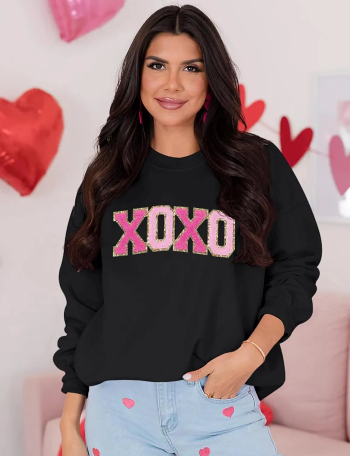 LETSEE Womens Valentine Crewneck Sweatshirt Letter Chenille Patch Long Sleeve Pullover Tops Oversized Clothes