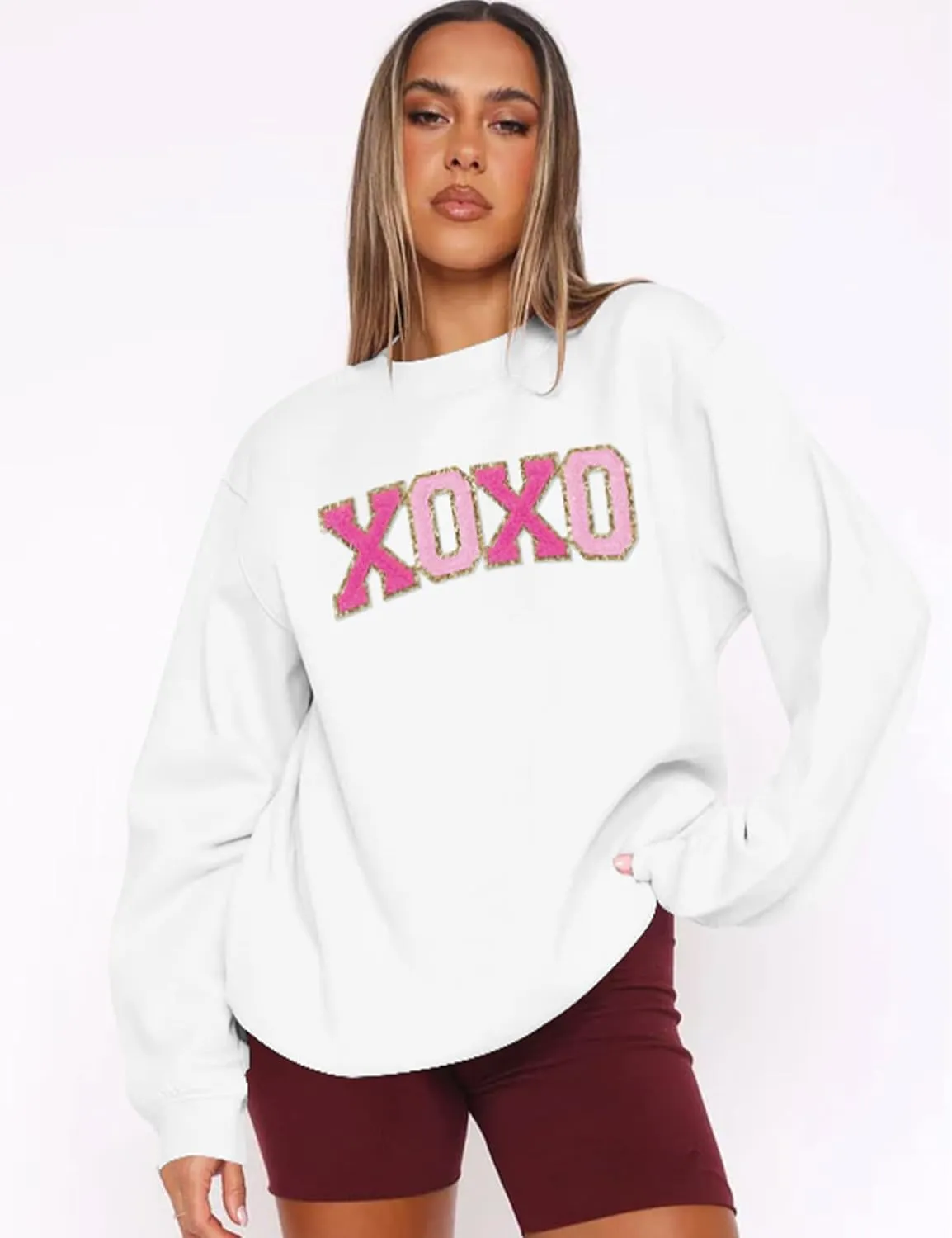 LETSEE Womens Valentine Crewneck Sweatshirt Letter Chenille Patch Long Sleeve Pullover Tops Oversized Clothes