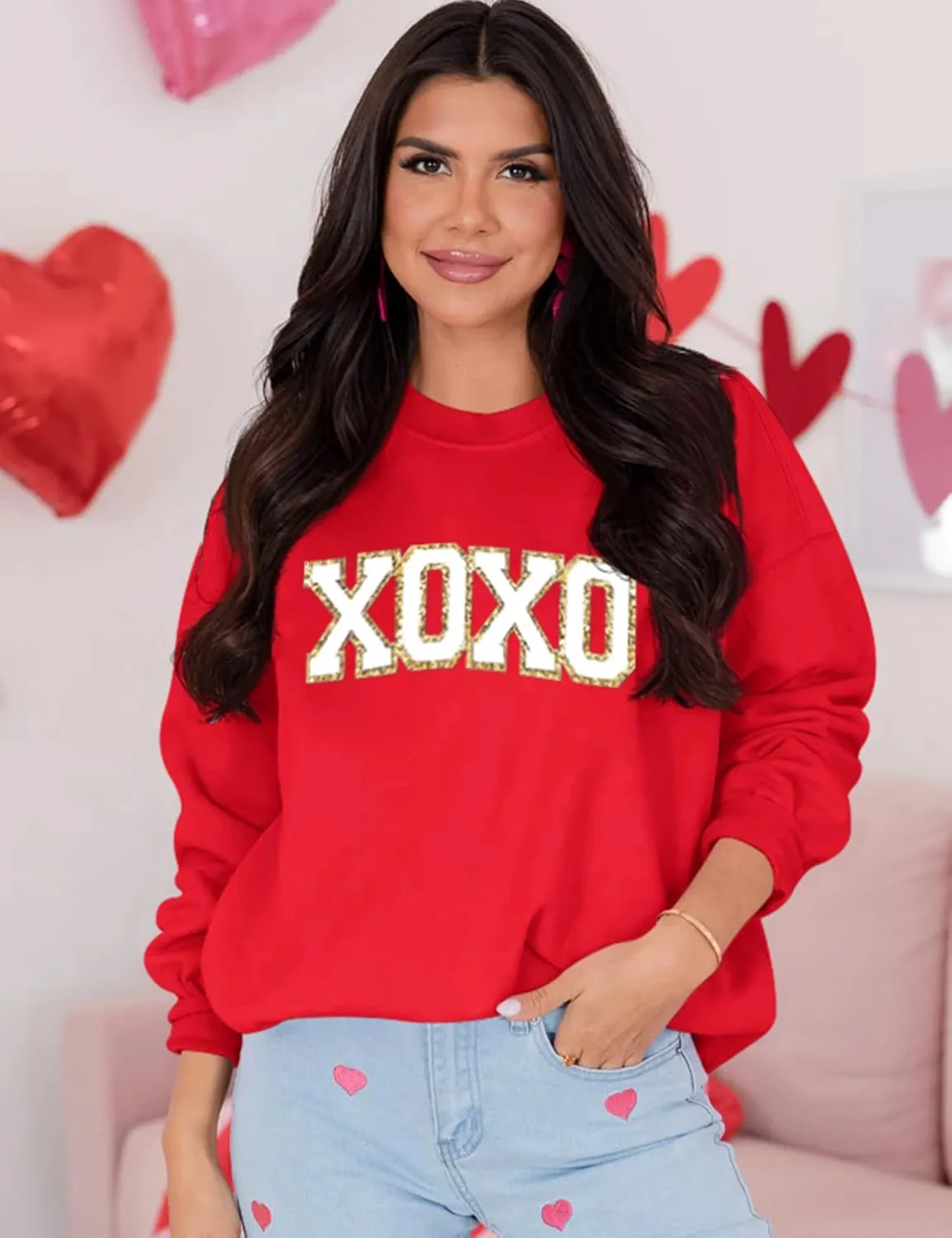 LETSEE Womens Valentine Crewneck Sweatshirt Letter Chenille Patch Long Sleeve Pullover Tops Oversized Clothes