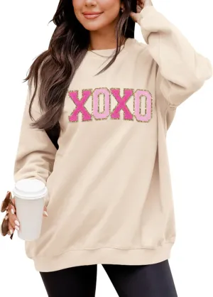 LETSEE Womens Valentine Crewneck Sweatshirt Letter Chenille Patch Long Sleeve Pullover Tops Oversized Clothes