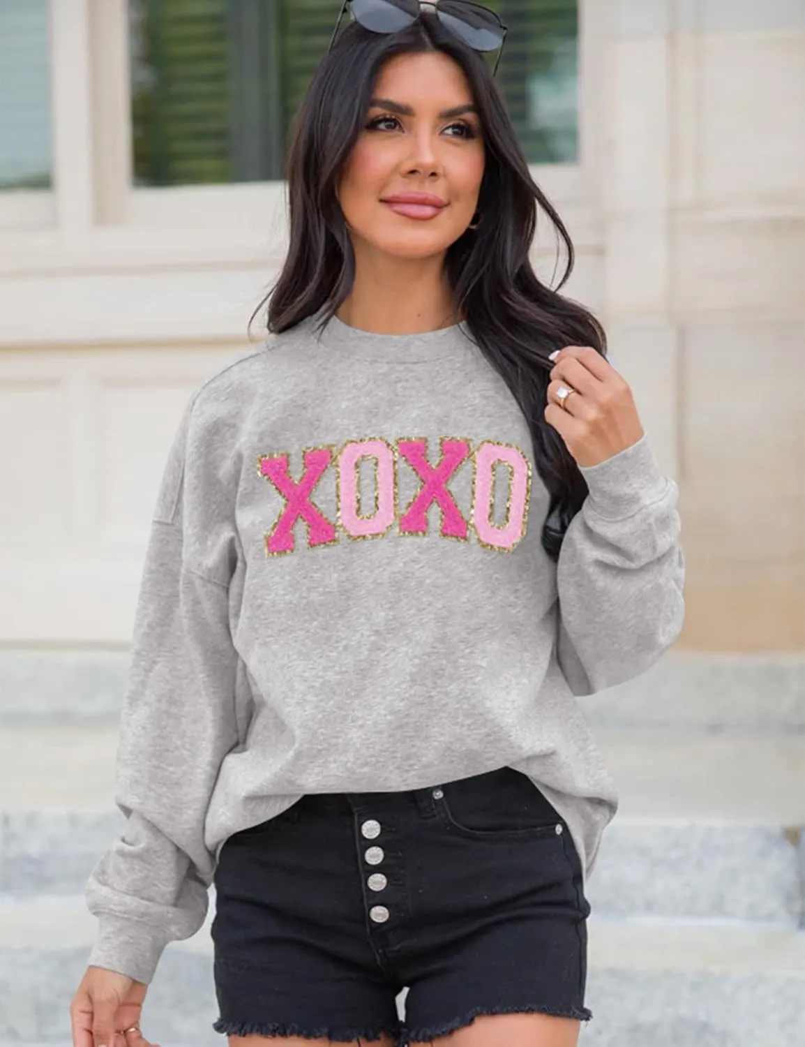 LETSEE Womens Valentine Crewneck Sweatshirt Letter Chenille Patch Long Sleeve Pullover Tops Oversized Clothes
