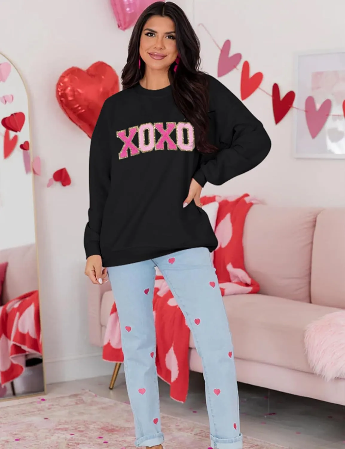 LETSEE Womens Valentine Crewneck Sweatshirt Letter Chenille Patch Long Sleeve Pullover Tops Oversized Clothes