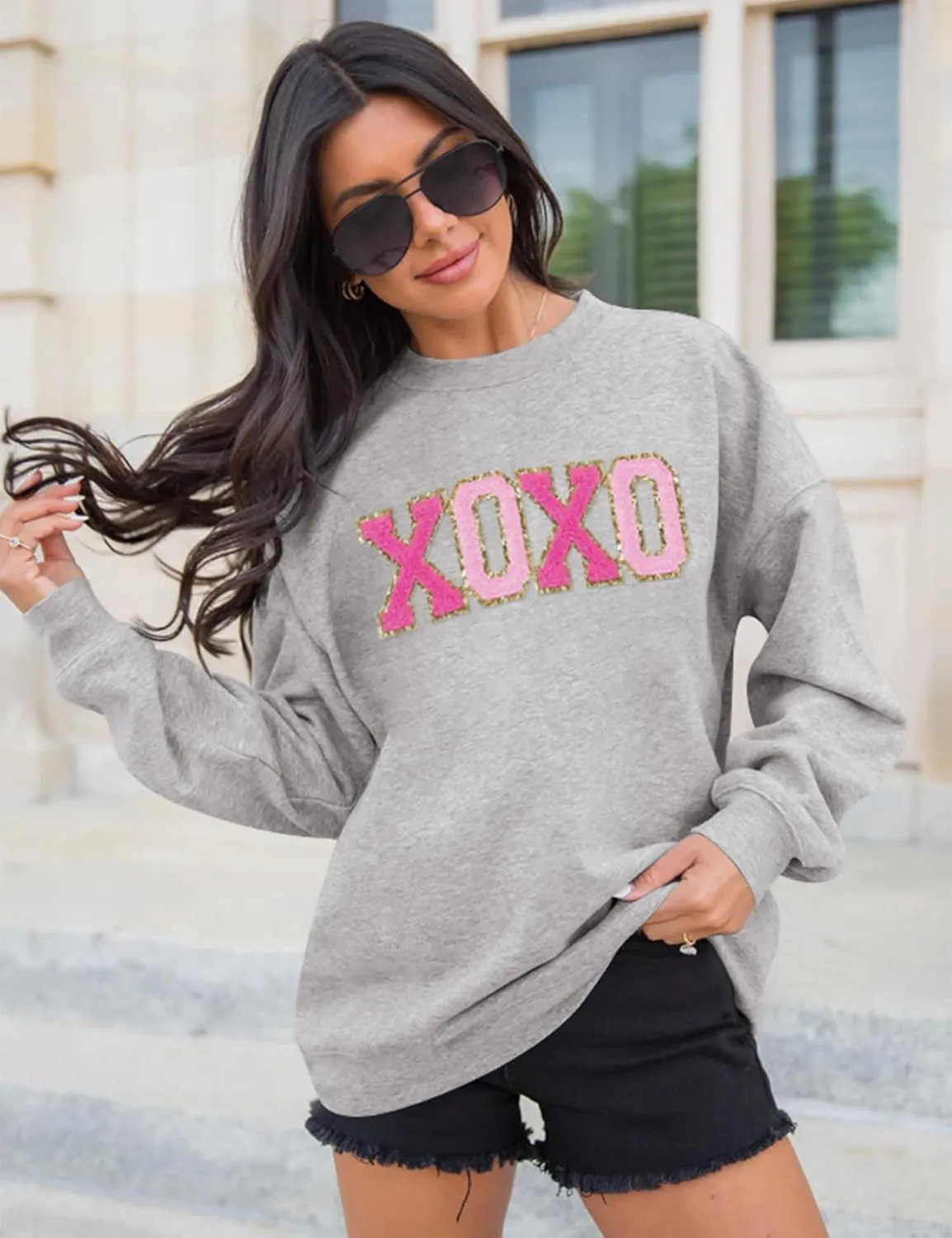 LETSEE Womens Valentine Crewneck Sweatshirt Letter Chenille Patch Long Sleeve Pullover Tops Oversized Clothes