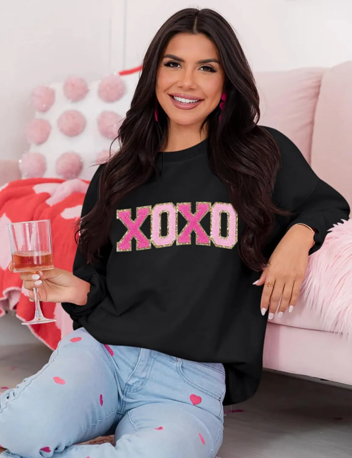 LETSEE Womens Valentine Crewneck Sweatshirt Letter Chenille Patch Long Sleeve Pullover Tops Oversized Clothes