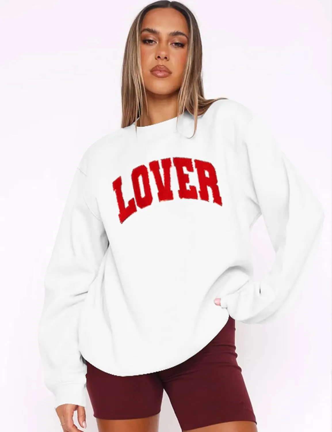 LETSEE Womens Valentines Crewneck Sweatshirt LOVER Letter Chenille Patch Long Sleeve Pullover Tops Oversized Clothes
