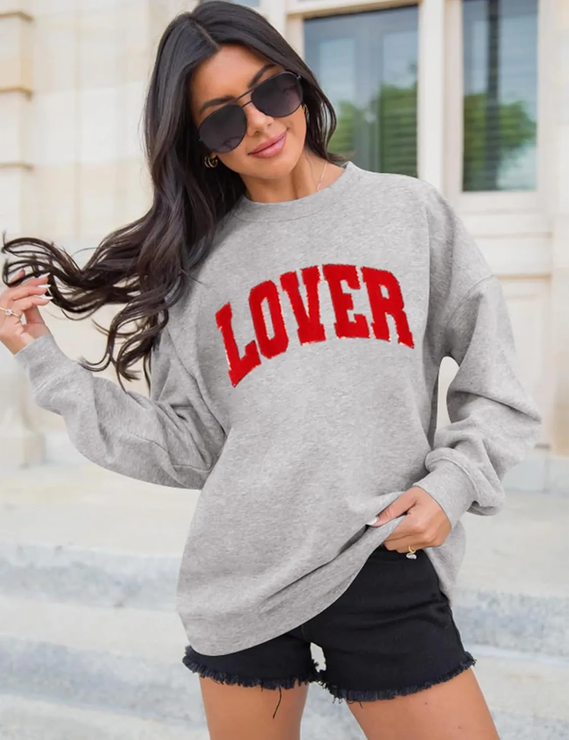LETSEE Womens Valentines Crewneck Sweatshirt LOVER Letter Chenille Patch Long Sleeve Pullover Tops Oversized Clothes