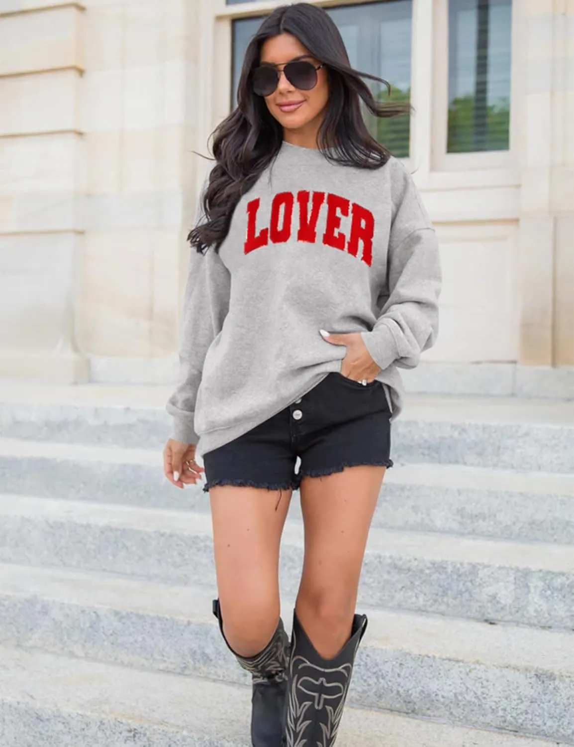 LETSEE Womens Valentines Crewneck Sweatshirt LOVER Letter Chenille Patch Long Sleeve Pullover Tops Oversized Clothes