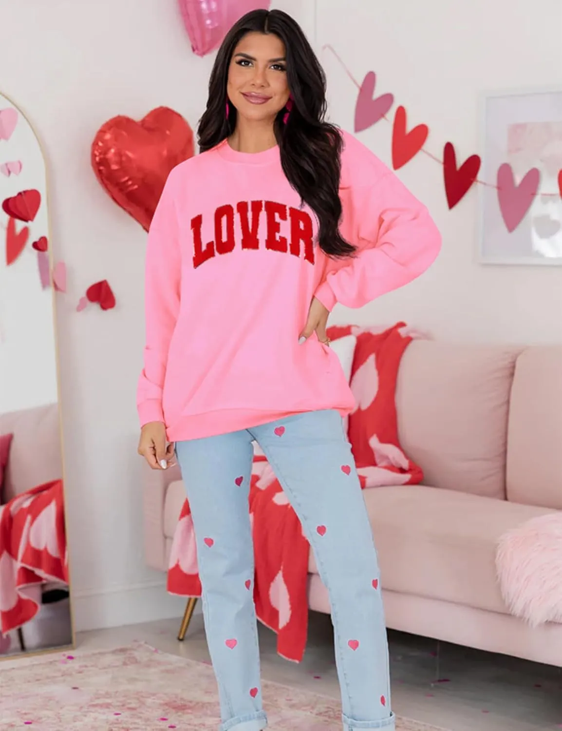 LETSEE Womens Valentines Crewneck Sweatshirt LOVER Letter Chenille Patch Long Sleeve Pullover Tops Oversized Clothes