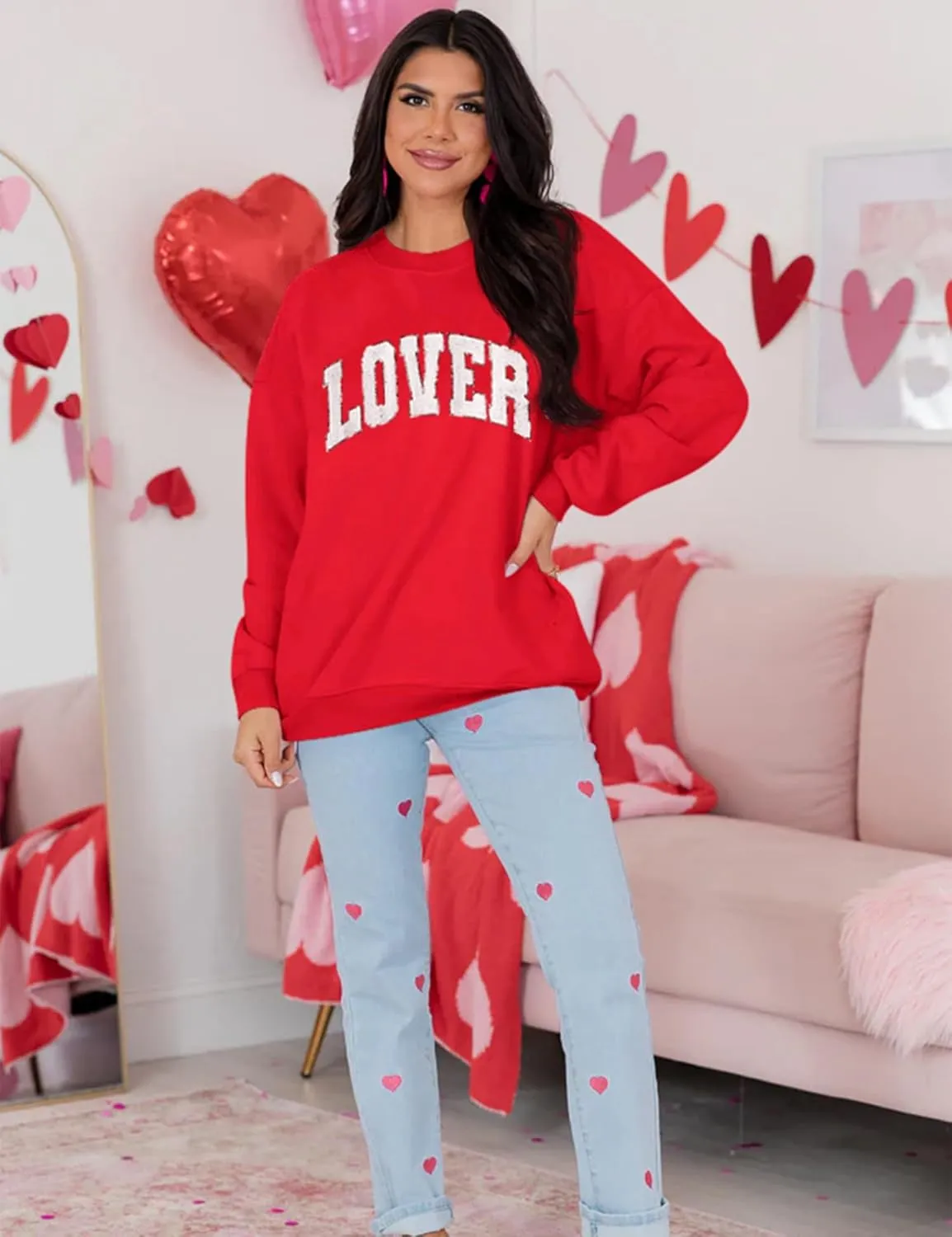 LETSEE Womens Valentines Crewneck Sweatshirt LOVER Letter Chenille Patch Long Sleeve Pullover Tops Oversized Clothes