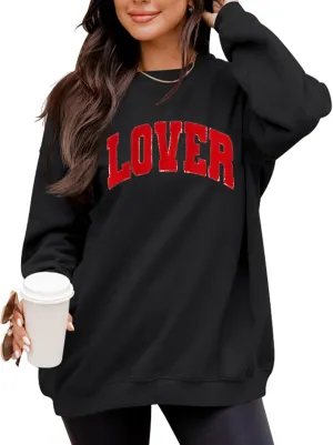 LETSEE Womens Valentines Crewneck Sweatshirt LOVER Letter Chenille Patch Long Sleeve Pullover Tops Oversized Clothes