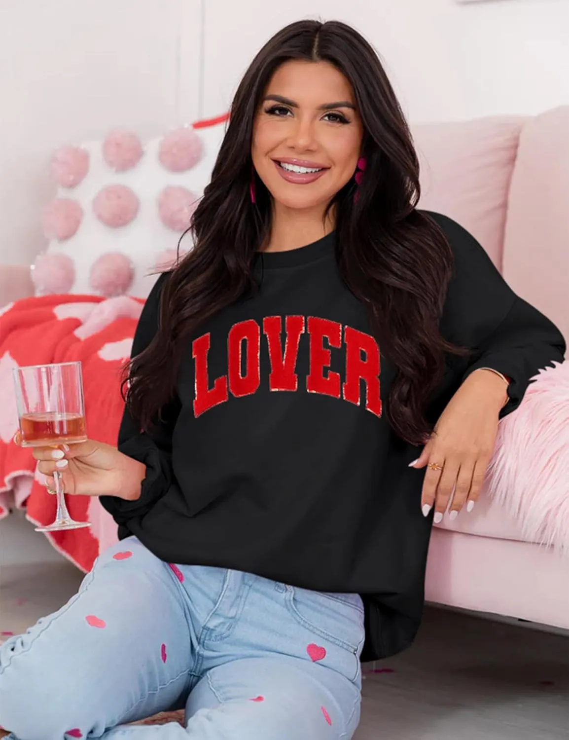 LETSEE Womens Valentines Crewneck Sweatshirt LOVER Letter Chenille Patch Long Sleeve Pullover Tops Oversized Clothes