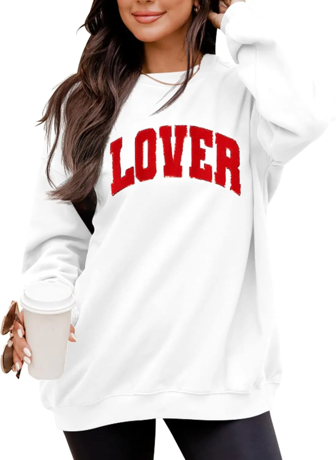 LETSEE Womens Valentines Crewneck Sweatshirt LOVER Letter Chenille Patch Long Sleeve Pullover Tops Oversized Clothes
