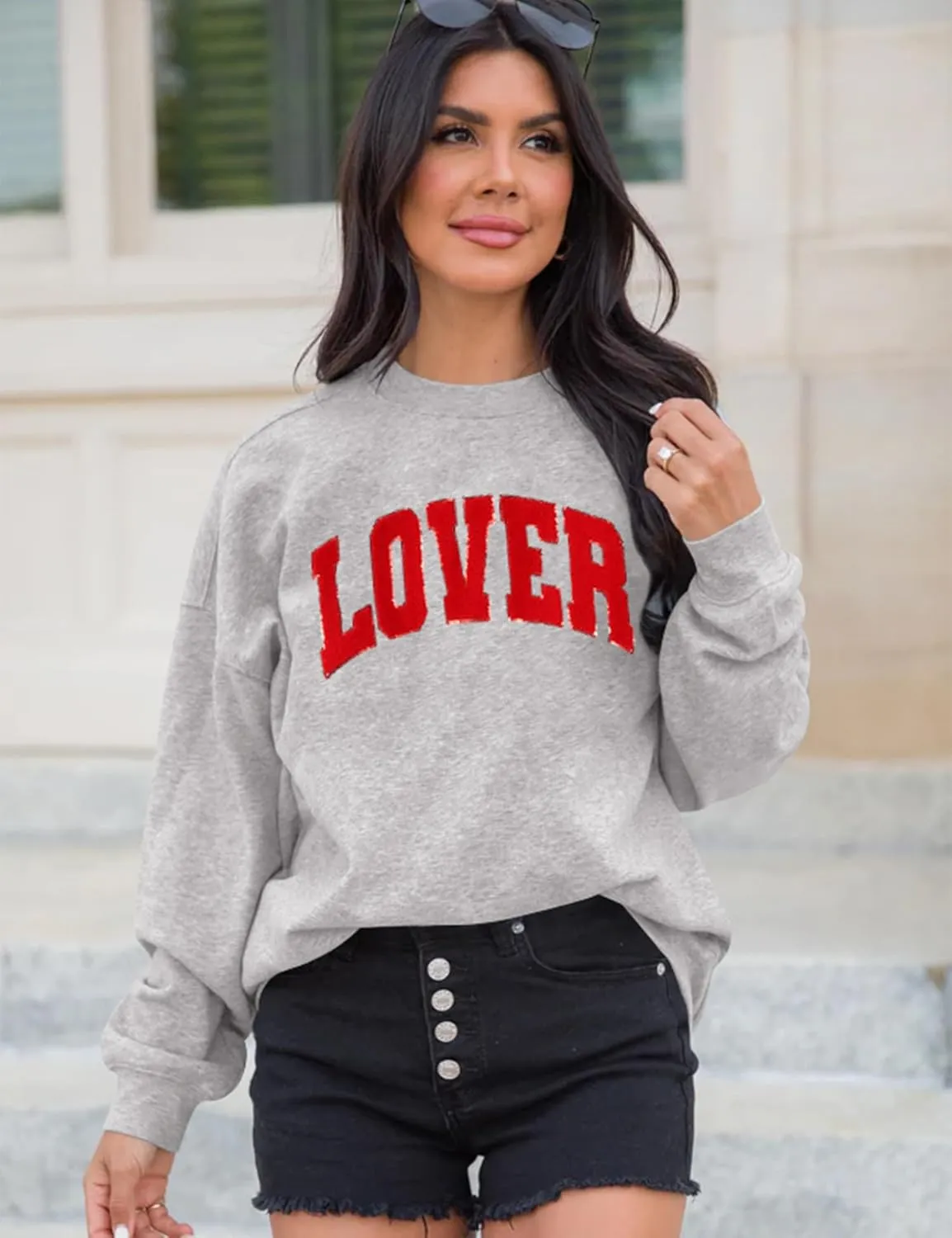 LETSEE Womens Valentines Crewneck Sweatshirt LOVER Letter Chenille Patch Long Sleeve Pullover Tops Oversized Clothes