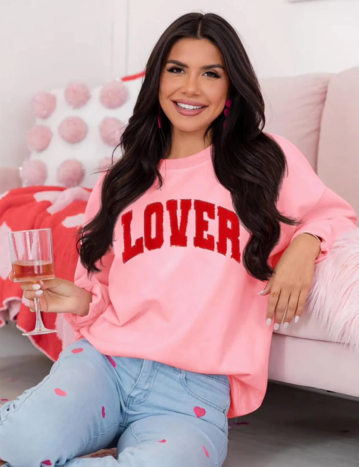 LETSEE Womens Valentines Crewneck Sweatshirt LOVER Letter Chenille Patch Long Sleeve Pullover Tops Oversized Clothes