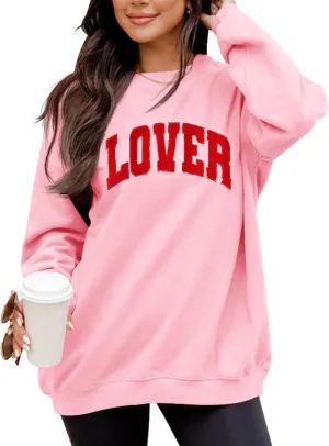 LETSEE Womens Valentines Crewneck Sweatshirt LOVER Letter Chenille Patch Long Sleeve Pullover Tops Oversized Clothes