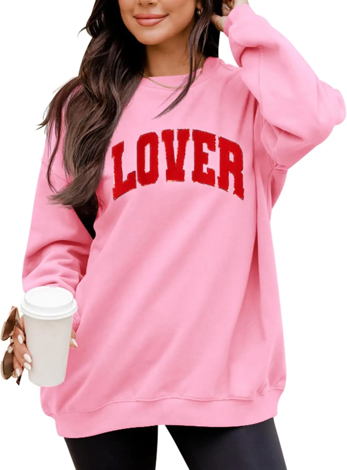 LETSEE Womens Valentines Crewneck Sweatshirt LOVER Letter Chenille Patch Long Sleeve Pullover Tops Oversized Clothes