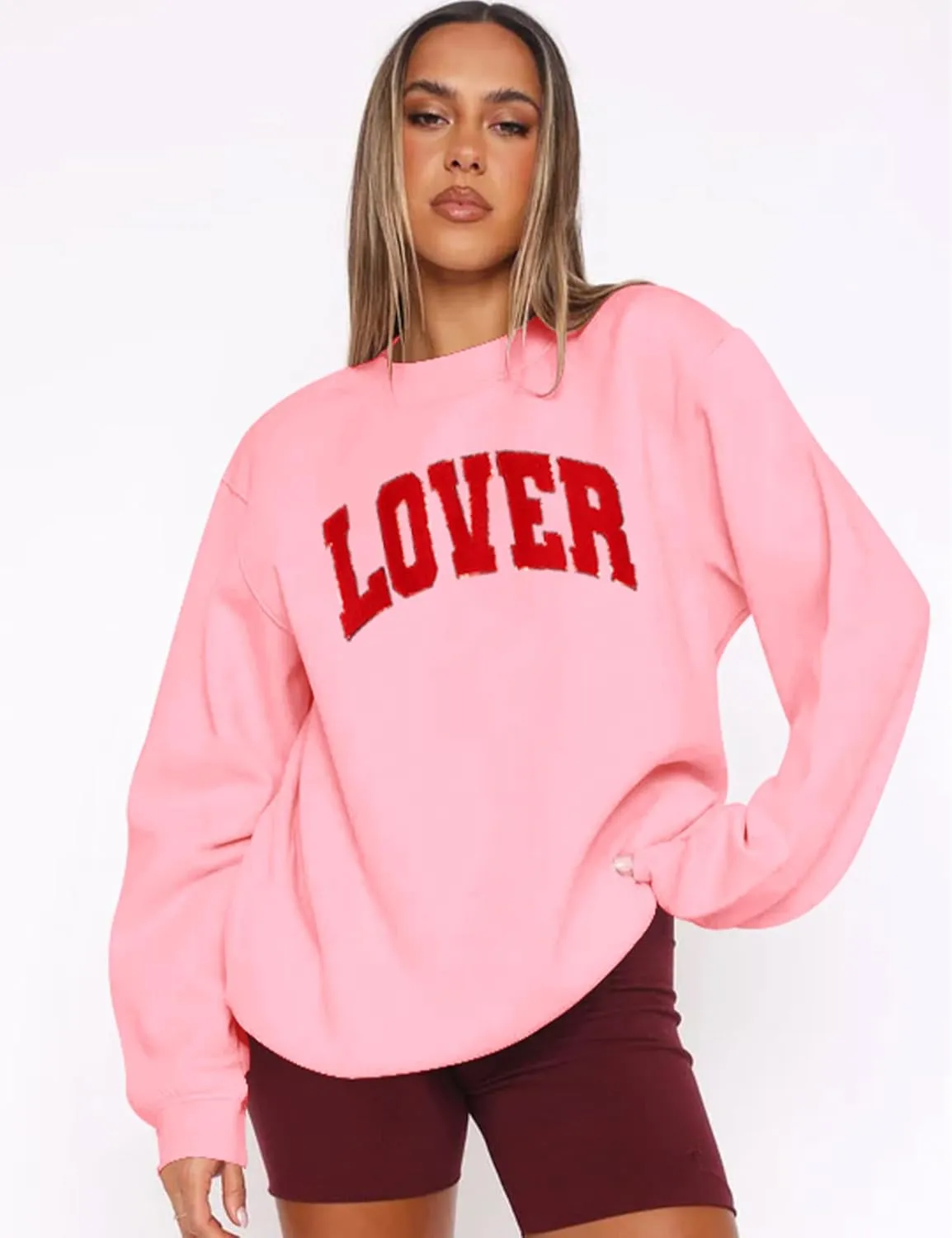 LETSEE Womens Valentines Crewneck Sweatshirt LOVER Letter Chenille Patch Long Sleeve Pullover Tops Oversized Clothes