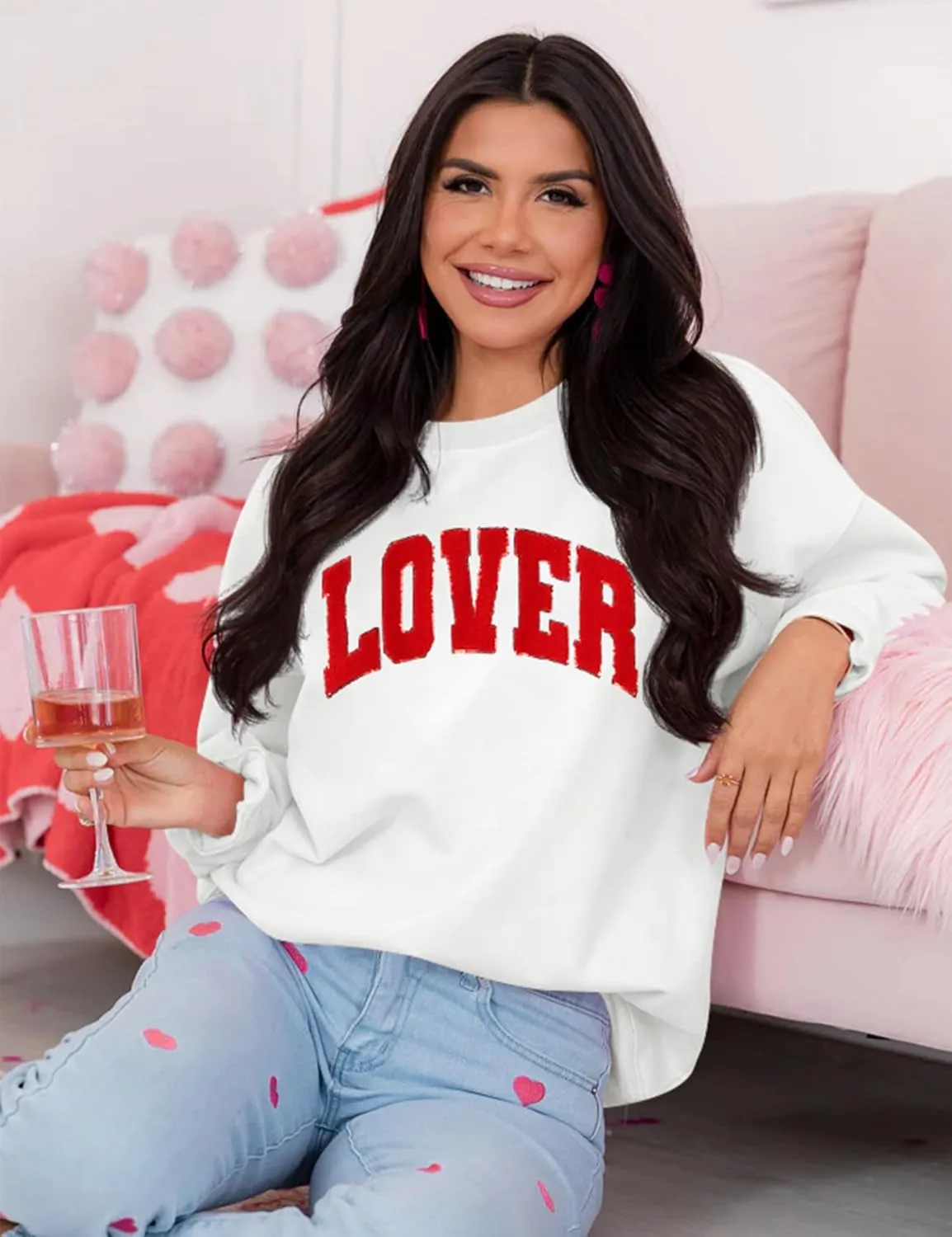 LETSEE Womens Valentines Crewneck Sweatshirt LOVER Letter Chenille Patch Long Sleeve Pullover Tops Oversized Clothes