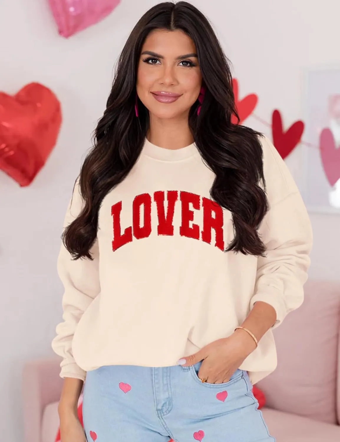 LETSEE Womens Valentines Crewneck Sweatshirt LOVER Letter Chenille Patch Long Sleeve Pullover Tops Oversized Clothes
