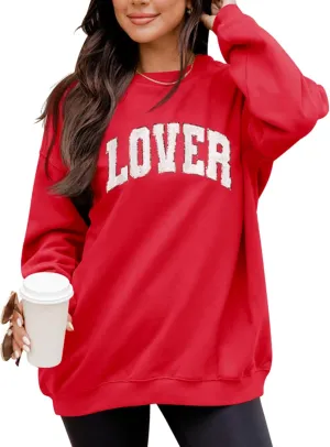 LETSEE Womens Valentines Crewneck Sweatshirt LOVER Letter Chenille Patch Long Sleeve Pullover Tops Oversized Clothes