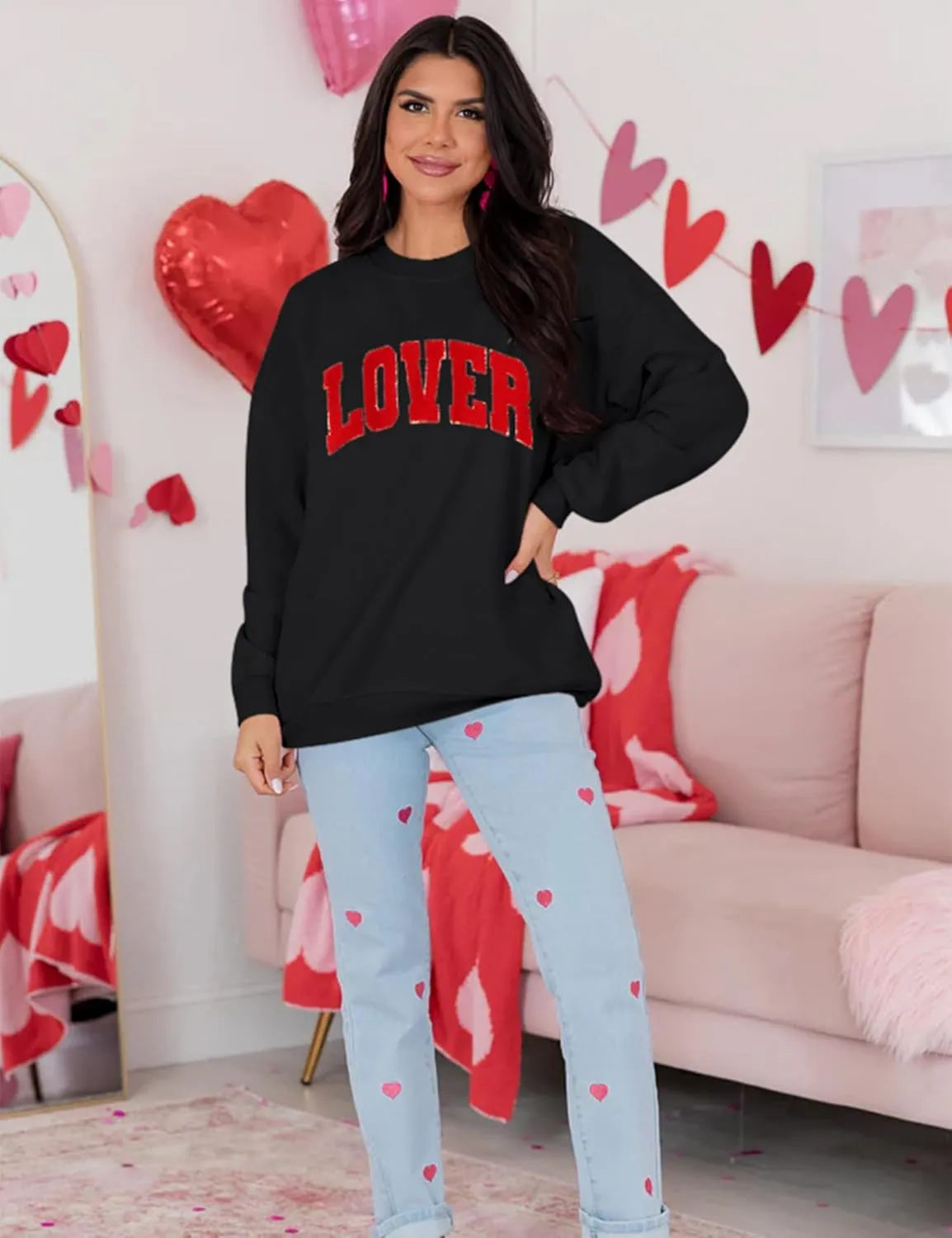 LETSEE Womens Valentines Crewneck Sweatshirt LOVER Letter Chenille Patch Long Sleeve Pullover Tops Oversized Clothes