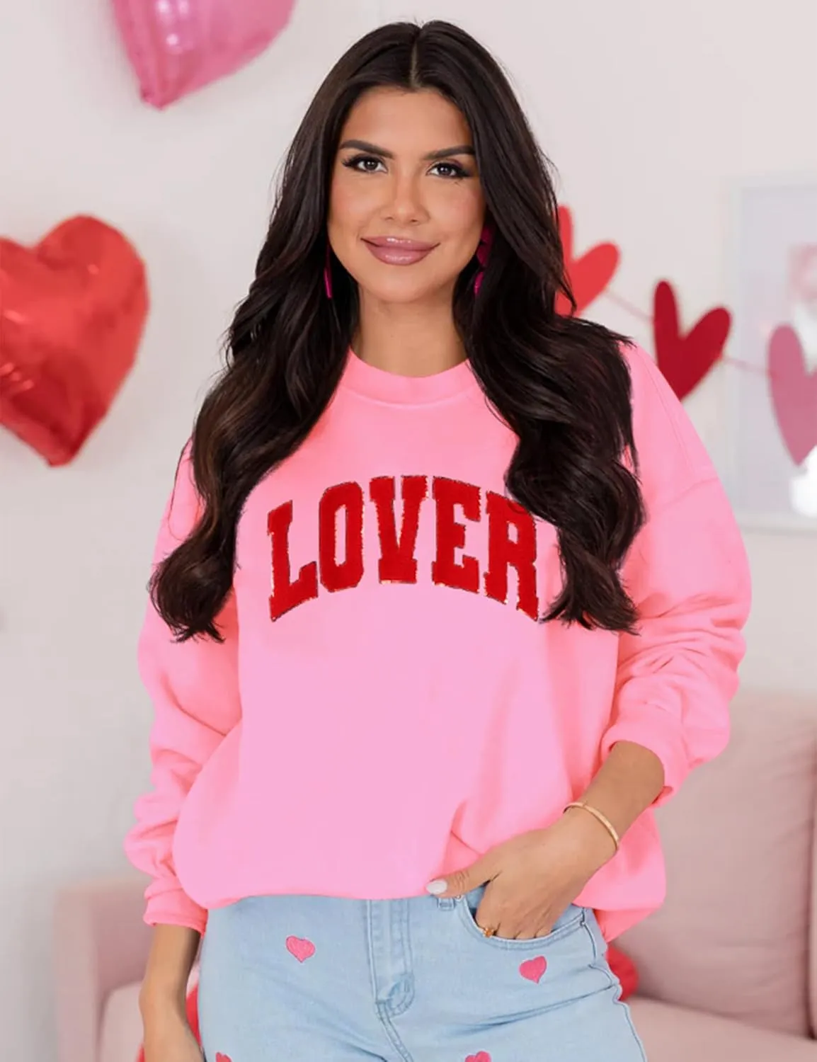 LETSEE Womens Valentines Crewneck Sweatshirt LOVER Letter Chenille Patch Long Sleeve Pullover Tops Oversized Clothes