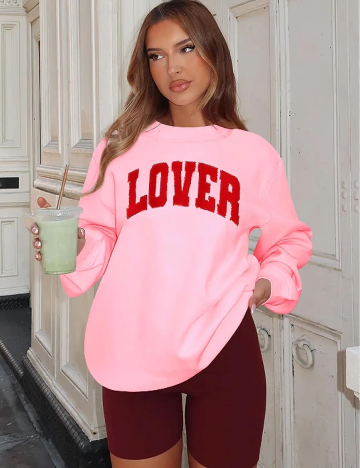 LETSEE Womens Valentines Crewneck Sweatshirt LOVER Letter Chenille Patch Long Sleeve Pullover Tops Oversized Clothes