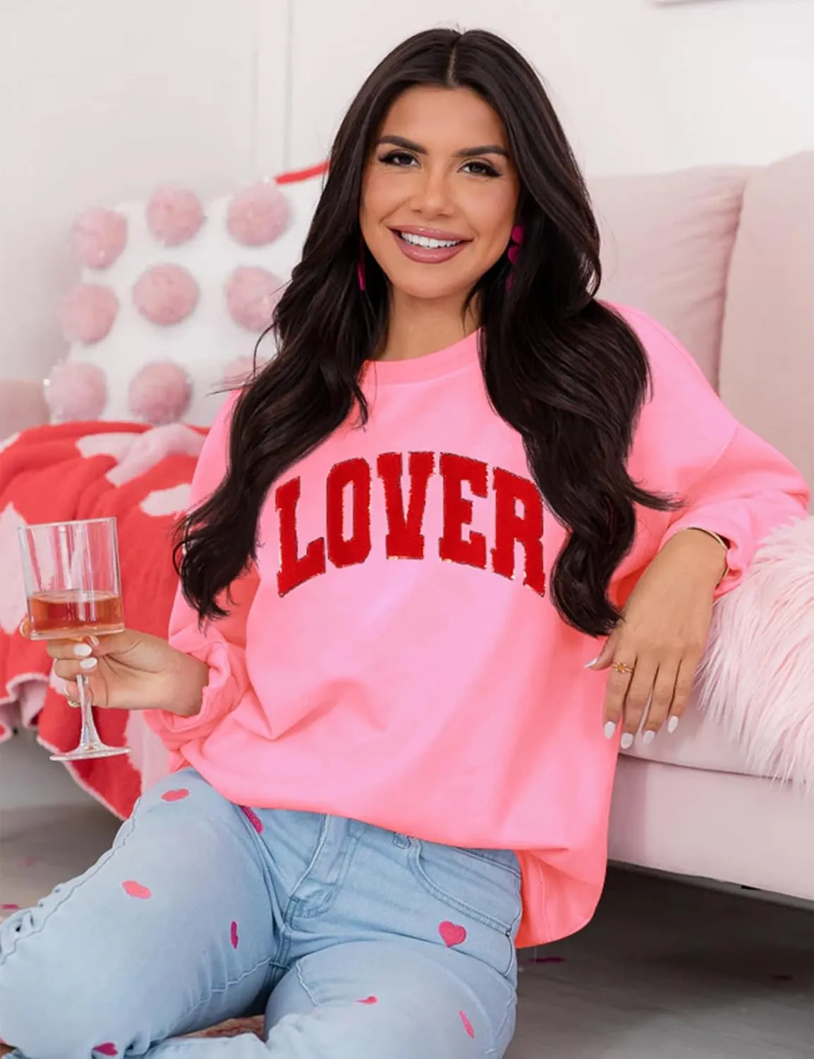 LETSEE Womens Valentines Crewneck Sweatshirt LOVER Letter Chenille Patch Long Sleeve Pullover Tops Oversized Clothes