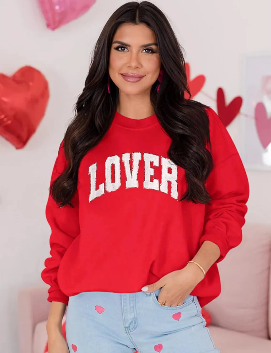 LETSEE Womens Valentines Crewneck Sweatshirt LOVER Letter Chenille Patch Long Sleeve Pullover Tops Oversized Clothes