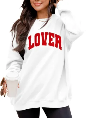 LETSEE Womens Valentines Crewneck Sweatshirt LOVER Letter Chenille Patch Long Sleeve Pullover Tops Oversized Clothes