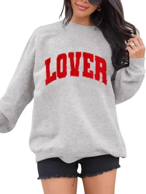 LETSEE Womens Valentines Crewneck Sweatshirt LOVER Letter Chenille Patch Long Sleeve Pullover Tops Oversized Clothes