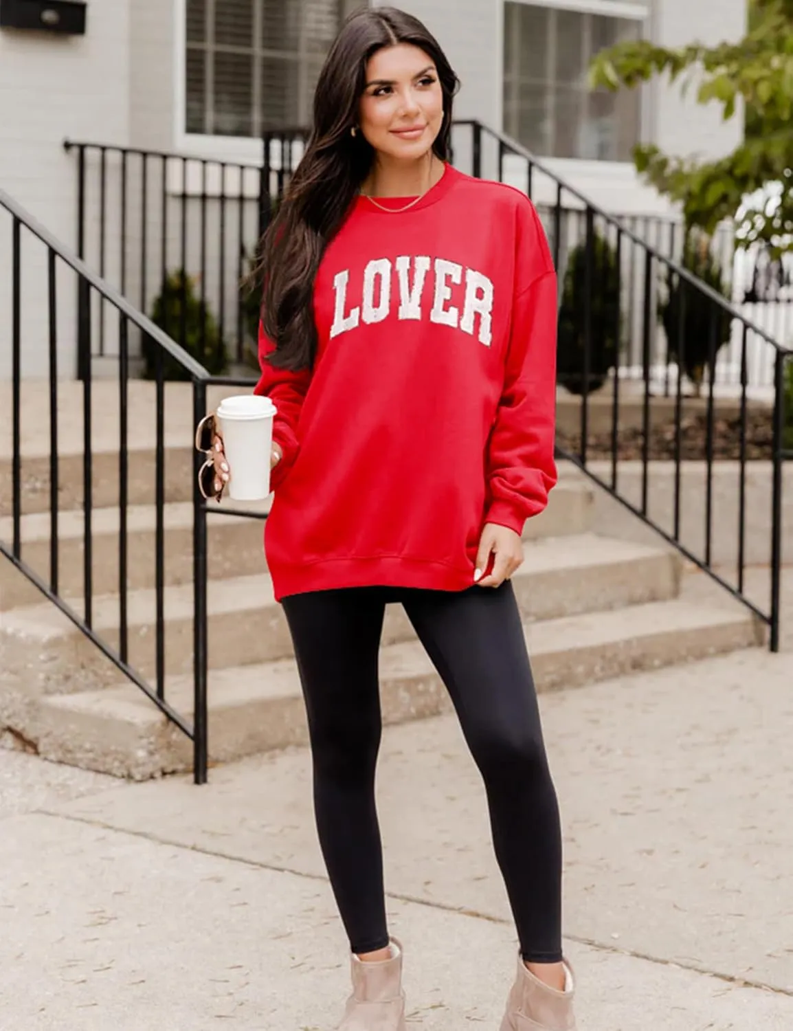 LETSEE Womens Valentines Crewneck Sweatshirt LOVER Letter Chenille Patch Long Sleeve Pullover Tops Oversized Clothes