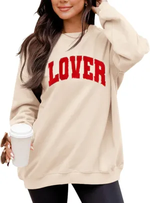 LETSEE Womens Valentines Crewneck Sweatshirt LOVER Letter Chenille Patch Long Sleeve Pullover Tops Oversized Clothes