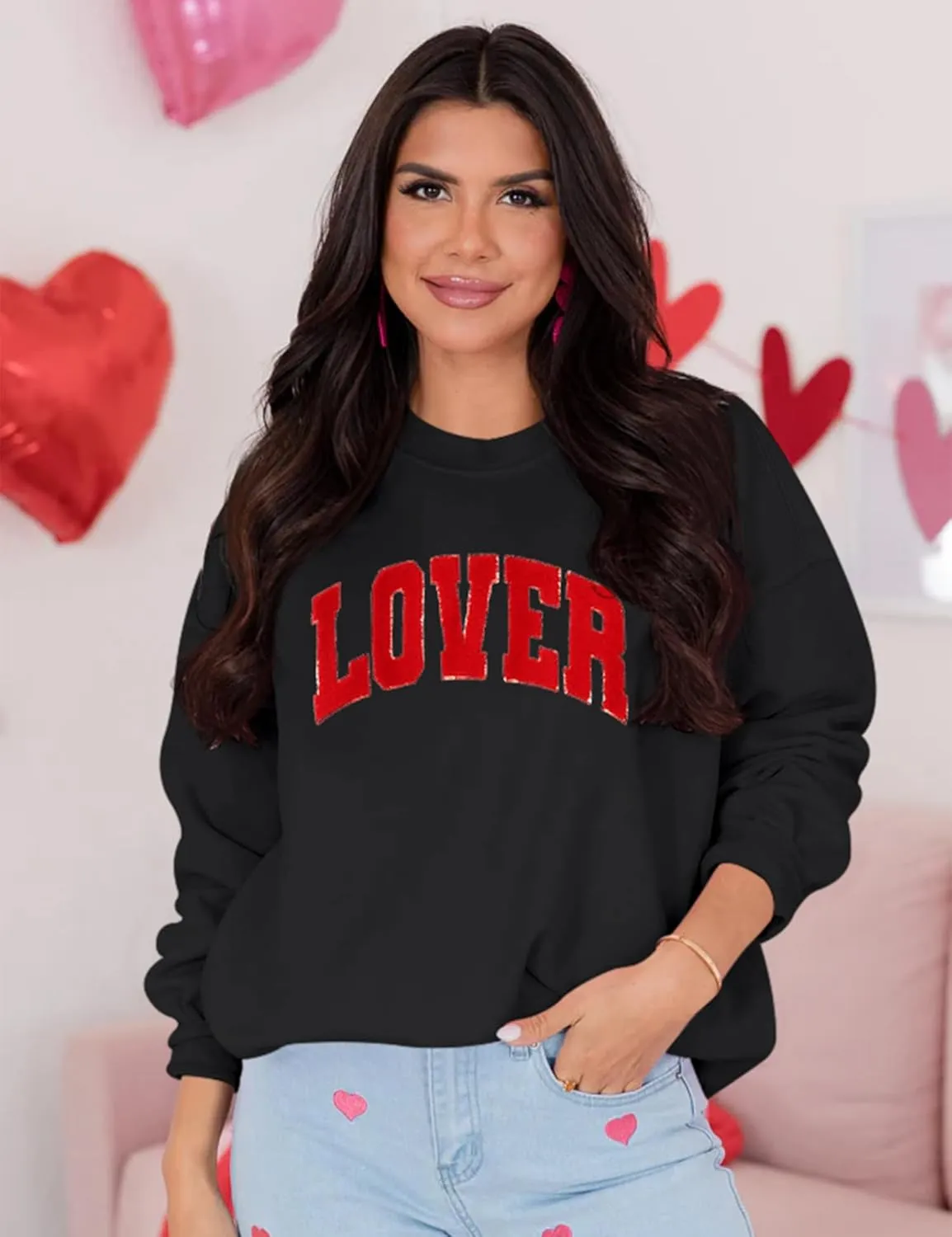 LETSEE Womens Valentines Crewneck Sweatshirt LOVER Letter Chenille Patch Long Sleeve Pullover Tops Oversized Clothes