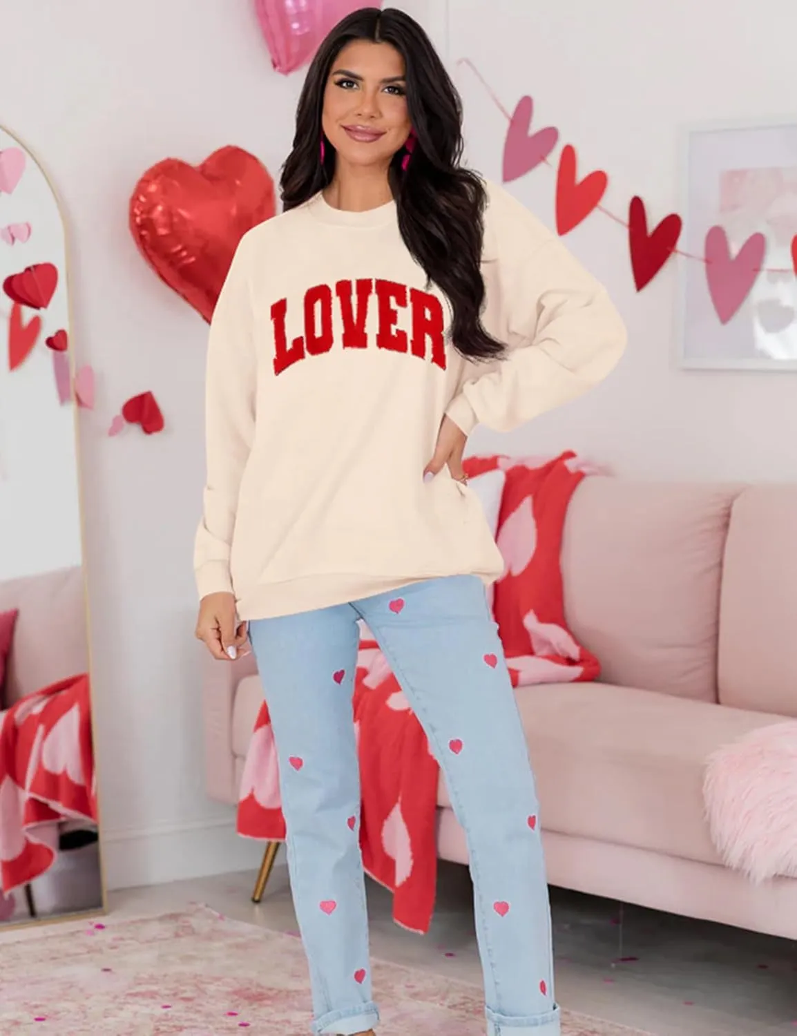 LETSEE Womens Valentines Crewneck Sweatshirt LOVER Letter Chenille Patch Long Sleeve Pullover Tops Oversized Clothes
