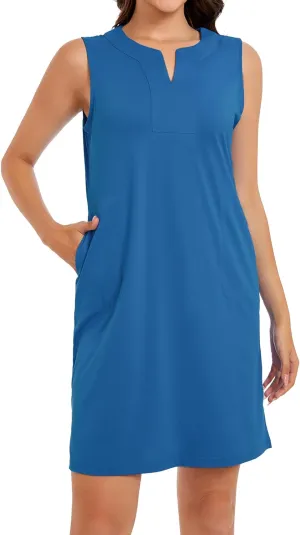 Lightbare Womens UPF 50  Casual Sundress Sleeveless Tank Dress Notch Neck Summer Floral Dresses with Pockets Loose Fit