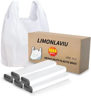 LimonLaviu Plastic Bags, (11.5x 6.5" x 21)(1000Pack) Plastic Shopping Bags with Handles for Small Business Grocery T Shirt Bag Reusable and Disposable Supermarket Bag in Bulk, White