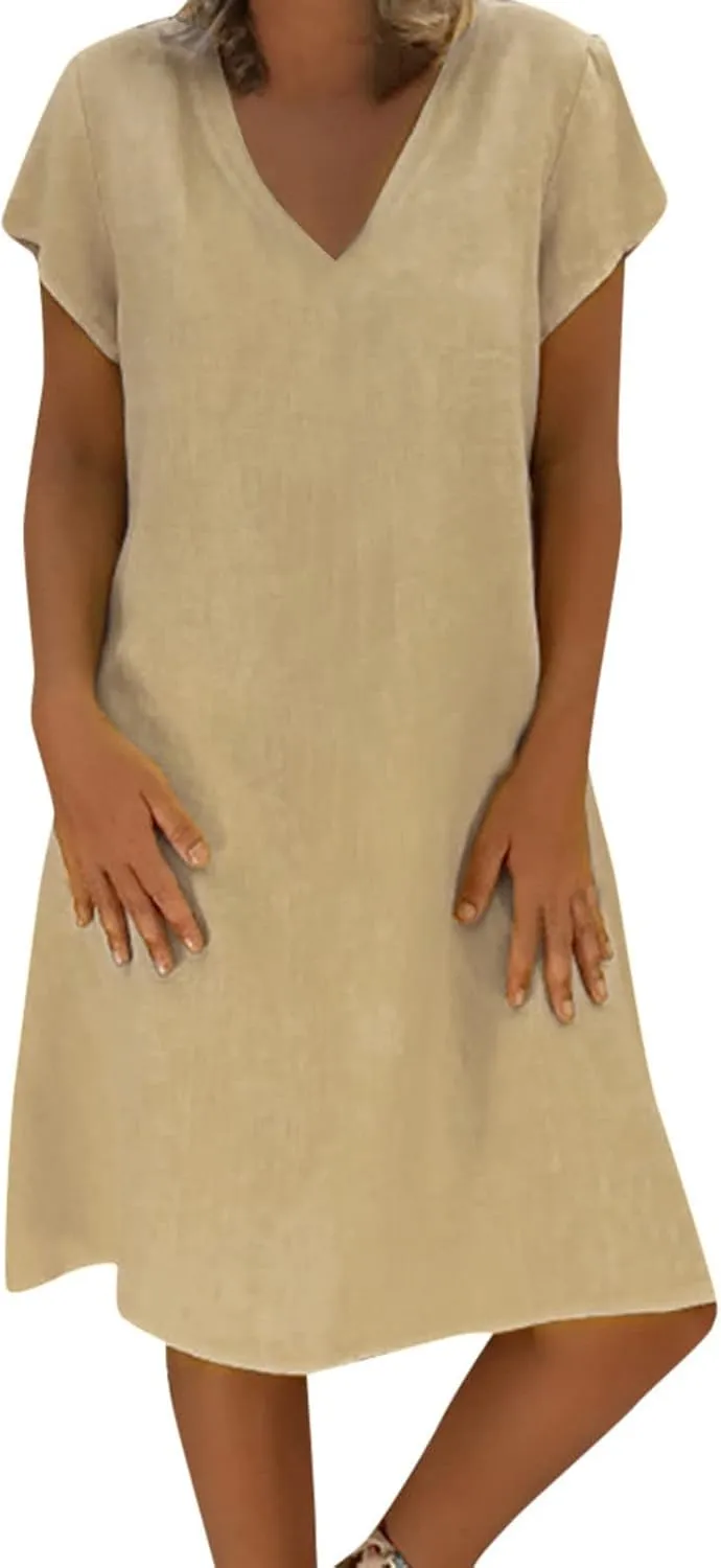 Linen Dresses for Women 2025 Flowy Casual V Neck Midi Dress Lightweight Summer Beach Clothes