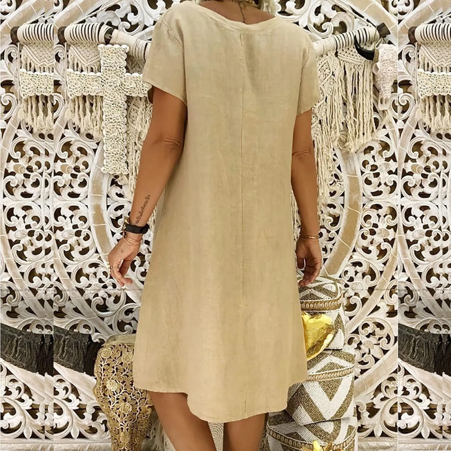 Linen Dresses for Women 2025 Flowy Casual V Neck Midi Dress Lightweight Summer Beach Clothes