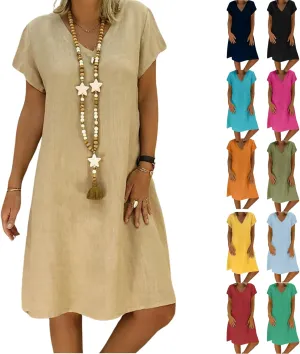 Linen Dresses for Women 2025 Flowy Casual V Neck Midi Dress Lightweight Summer Beach Clothes