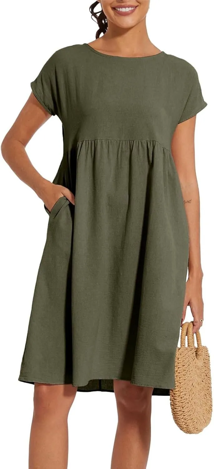 Linen Dresses for Women 2025 Summer Cotton Short Sleeve Crewneck Midi Dress Casual Loose Flowy Beach Sundresses with Pockets