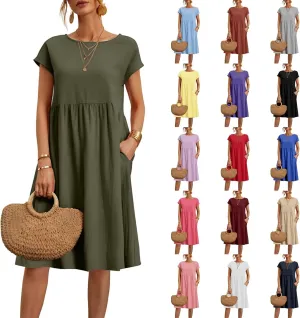 Linen Dresses for Women 2025 Summer Cotton Short Sleeve Crewneck Midi Dress Casual Loose Flowy Beach Sundresses with Pockets