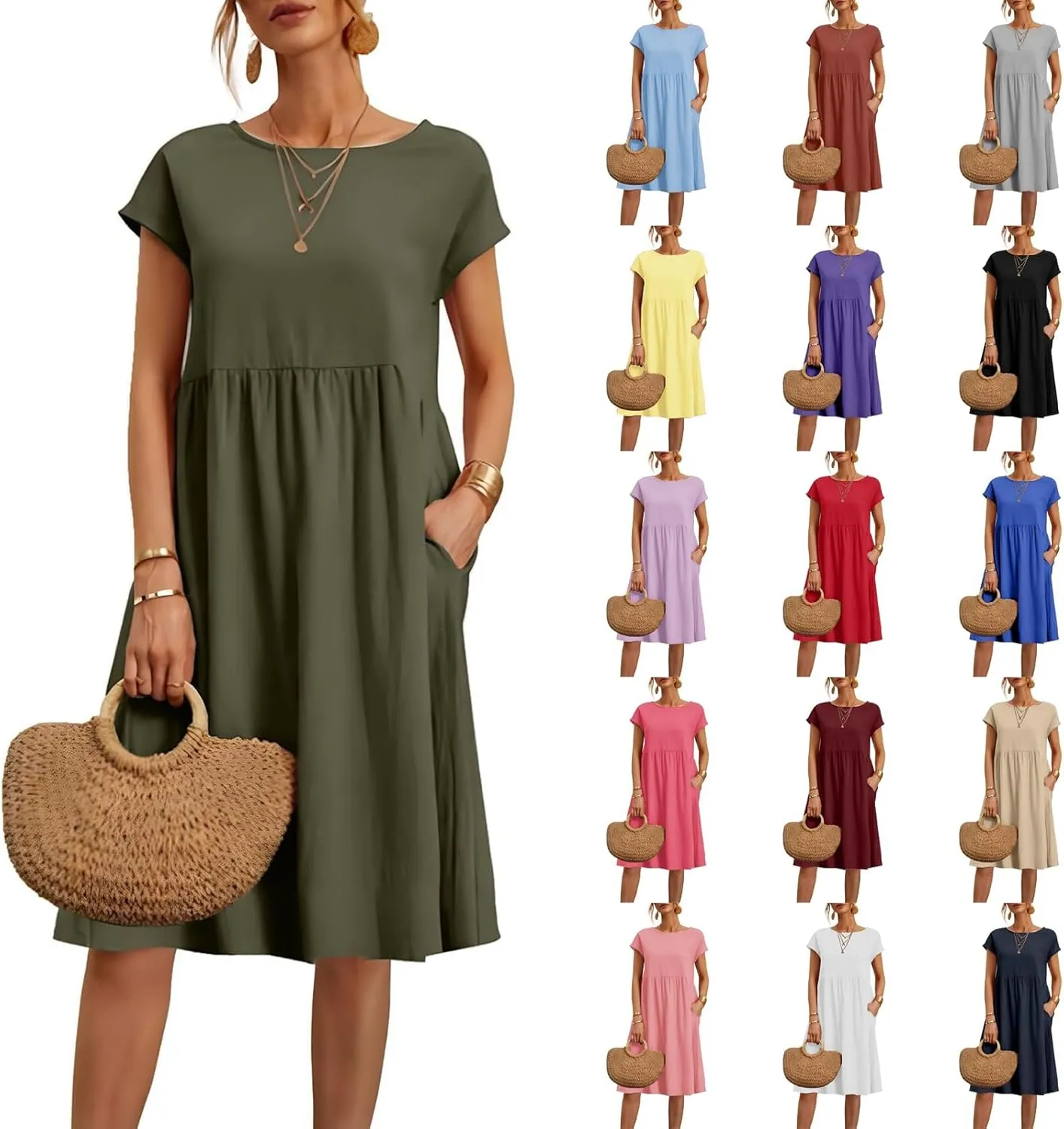Linen Dresses for Women 2025 Summer Cotton Short Sleeve Crewneck Midi Dress Casual Loose Flowy Beach Sundresses with Pockets