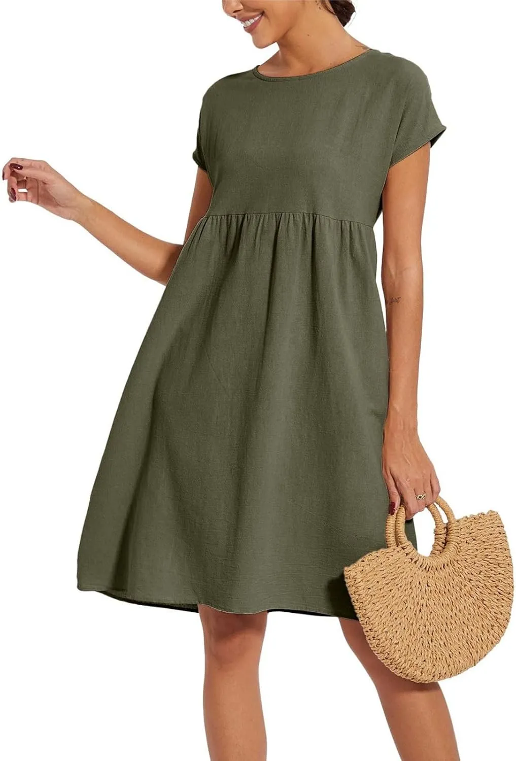 Linen Dresses for Women 2025 Summer Cotton Short Sleeve Crewneck Midi Dress Casual Loose Flowy Beach Sundresses with Pockets