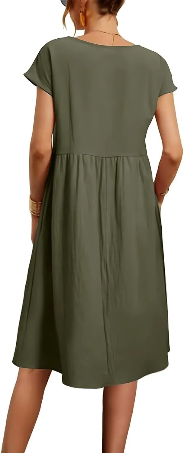 Linen Dresses for Women 2025 Summer Cotton Short Sleeve Crewneck Midi Dress Casual Loose Flowy Beach Sundresses with Pockets