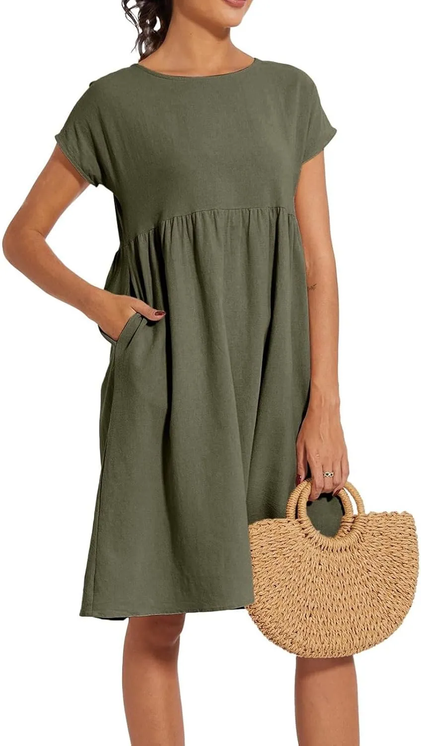 Linen Dresses for Women 2025 Summer Cotton Short Sleeve Crewneck Midi Dress Casual Loose Flowy Beach Sundresses with Pockets