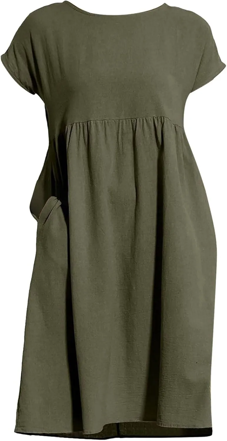 Linen Dresses for Women 2025 Summer Cotton Short Sleeve Crewneck Midi Dress Casual Loose Flowy Beach Sundresses with Pockets