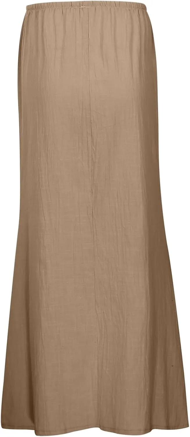 Linen Maxi Skirts for Women Drawstring High Waisted Lighweight Skirt Elastic Waisted Comfortable Straight Leg Skorts